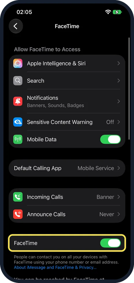 iPhone screen: Switch FaceTime off and on