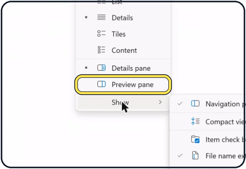 Windows screenshot: Turn on the preview pane