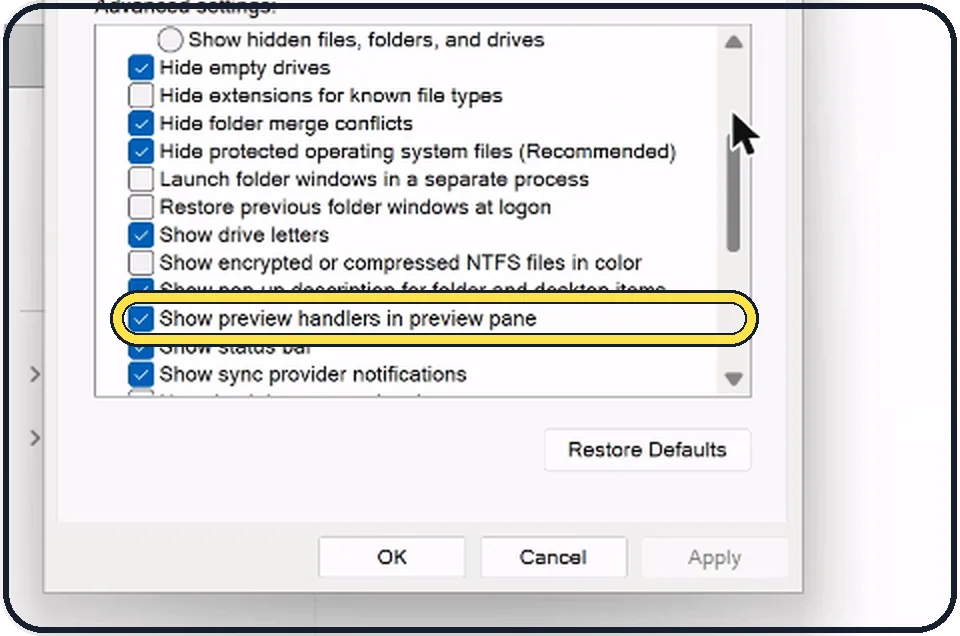 Windows screenshot: Check the preview handlers
