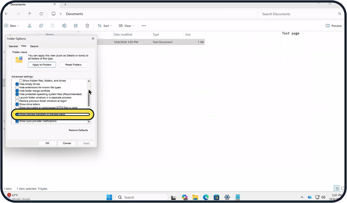 Windows screenshot: Check the preview handlers