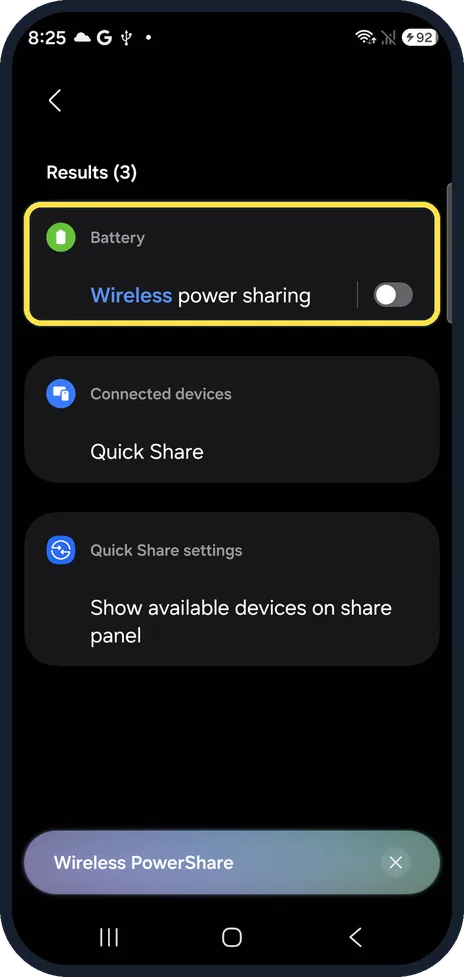 Android screenshot: S26: Wireless power sharing in Battery