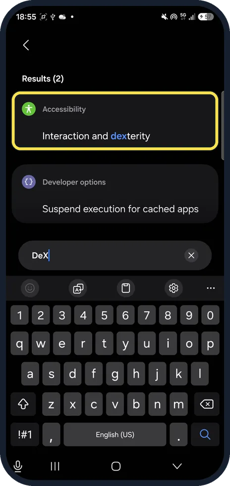Android screenshot: A57: no Samsung DeX
