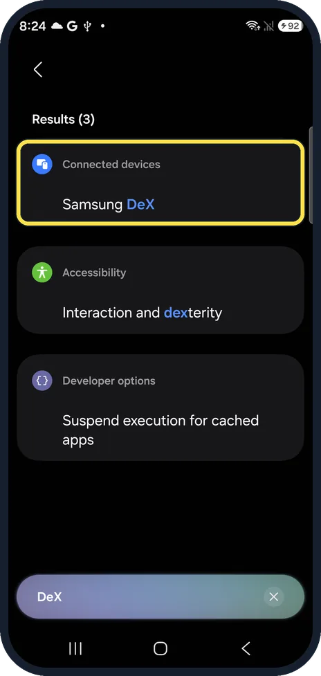 Android screenshot: S26: Samsung DeX in Connected devices
