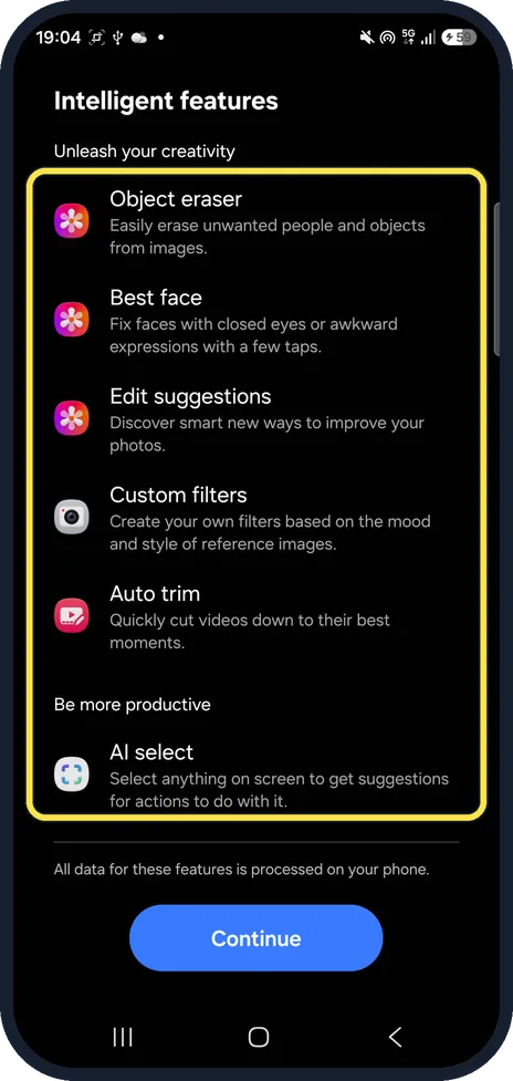 Android screenshot: What the A57 has: Intelligent features