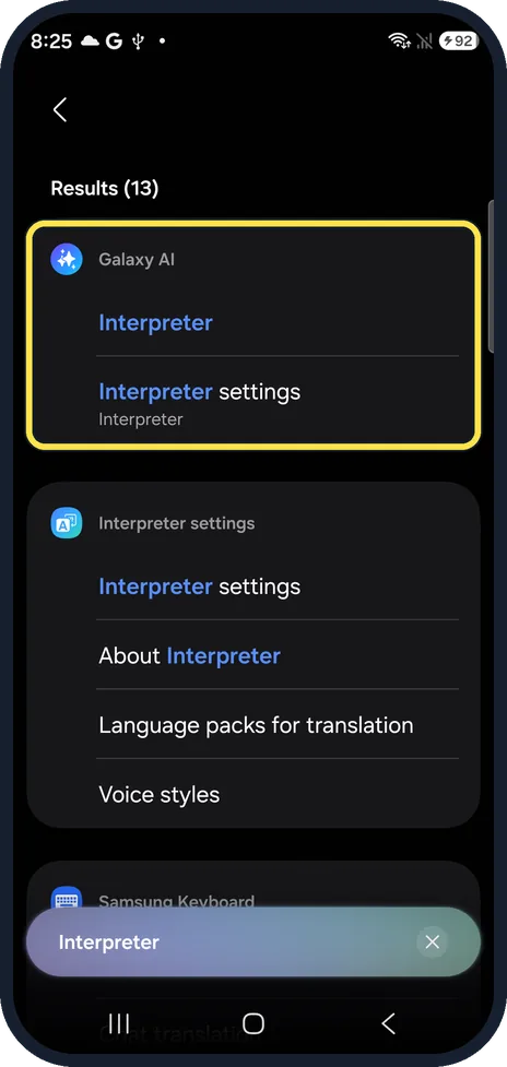 Android screenshot: S26: Interpreter is under Galaxy AI