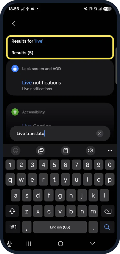 Android screenshot: A57: no Live translate
