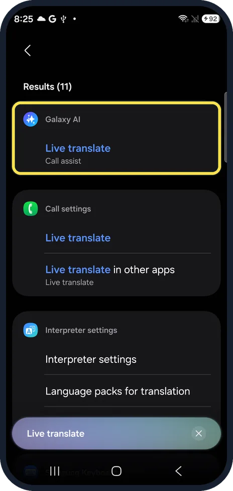 Android screenshot: S26: Live translate in Call assist