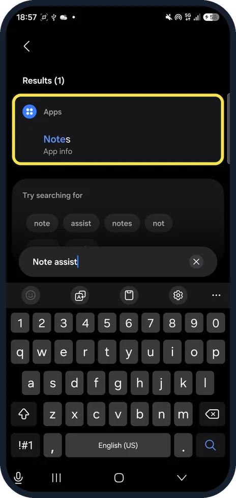 Android screenshot: A57: no Note assist
