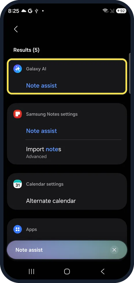 Android screenshot: S26: Note assist under Galaxy AI