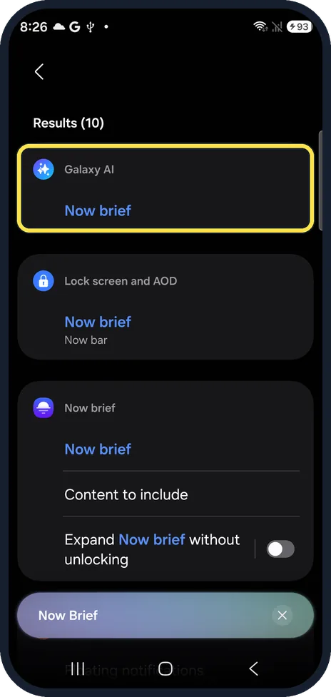 Android screenshot: S26: Now brief under Galaxy AI