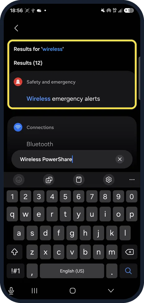 Android screenshot: A57: no Wireless power sharing