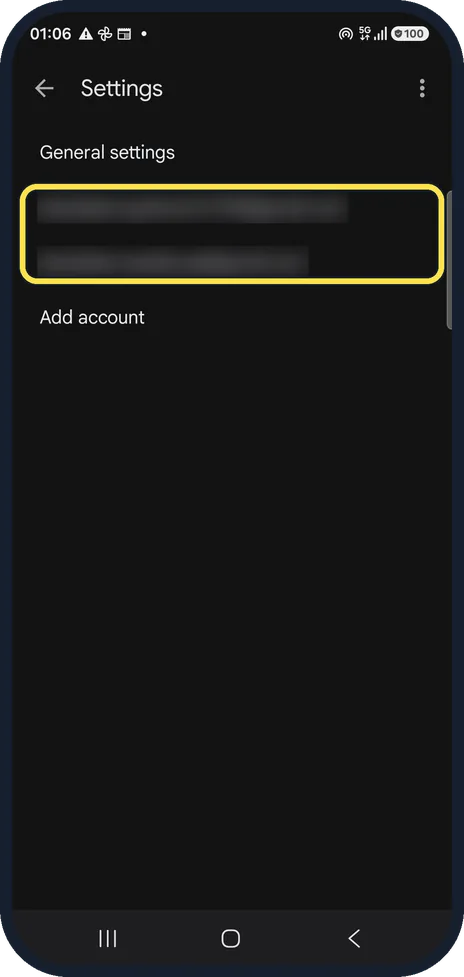 Android screenshot: Open your account's settings