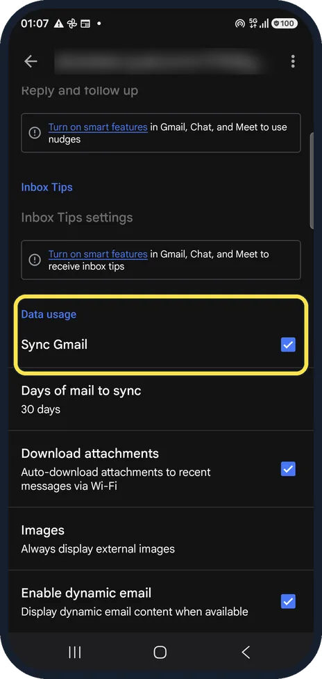 Android screenshot: Check Sync Gmail