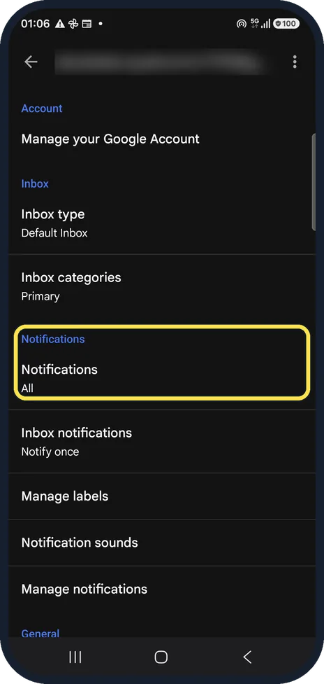 Android screenshot: Check the notification setting