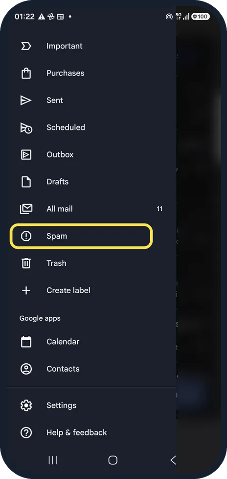 Android screenshot: Look in Spam