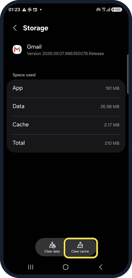 Android screenshot: Clear the app cache