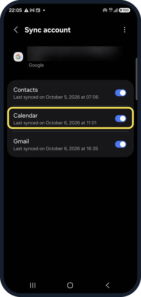 Android screenshot: Turn on Calendar sync