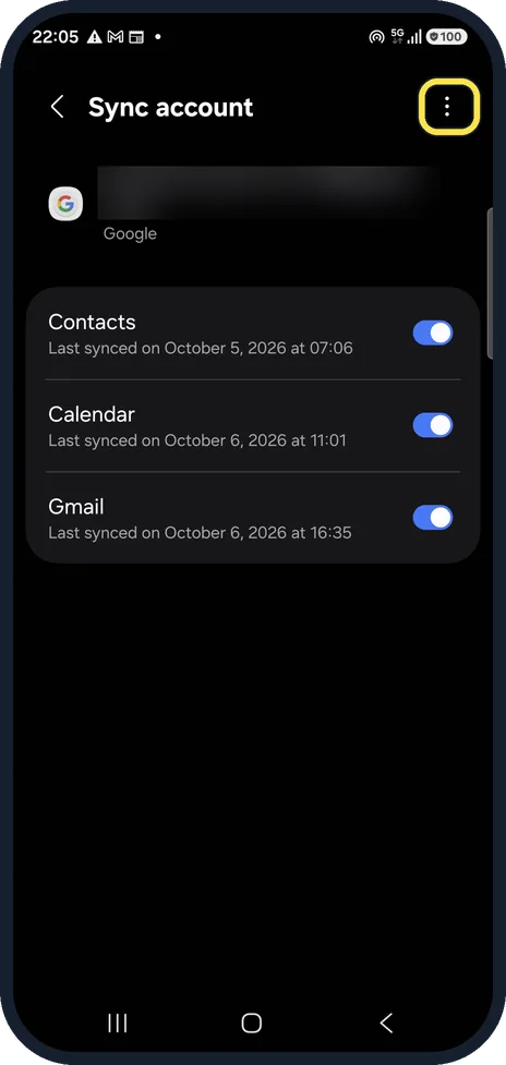Android screenshot: Sync now from the account