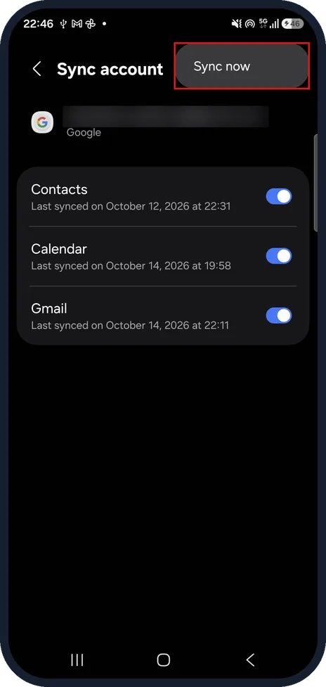 Android screenshot: Sync now from the account