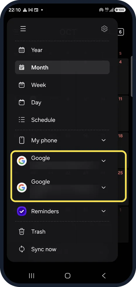 Android screenshot: Tick the Google calendars