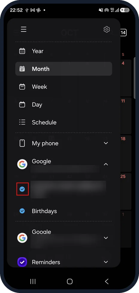 Android screenshot: Tick the Google calendars