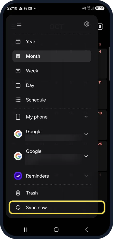 Android screenshot: Tap Sync now