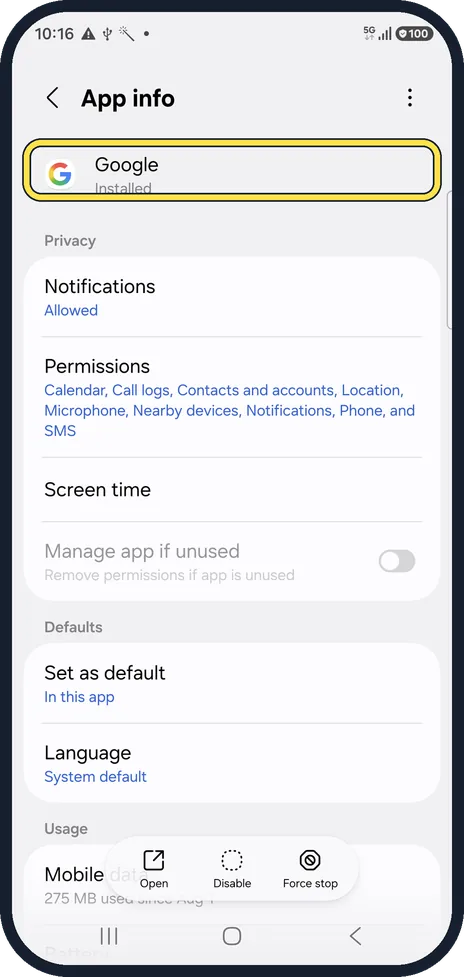Android screenshot: Open the Google app's App info