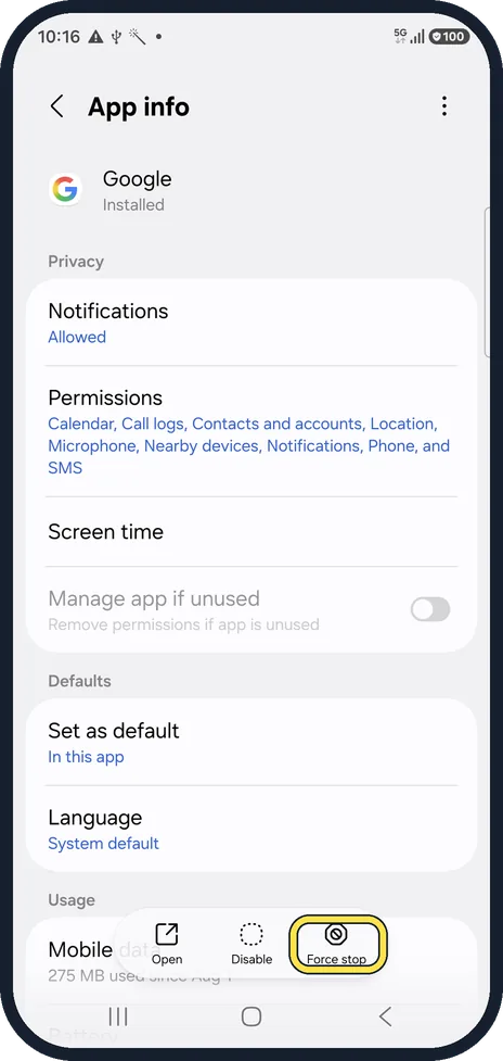 Android screenshot: Tap Force stop