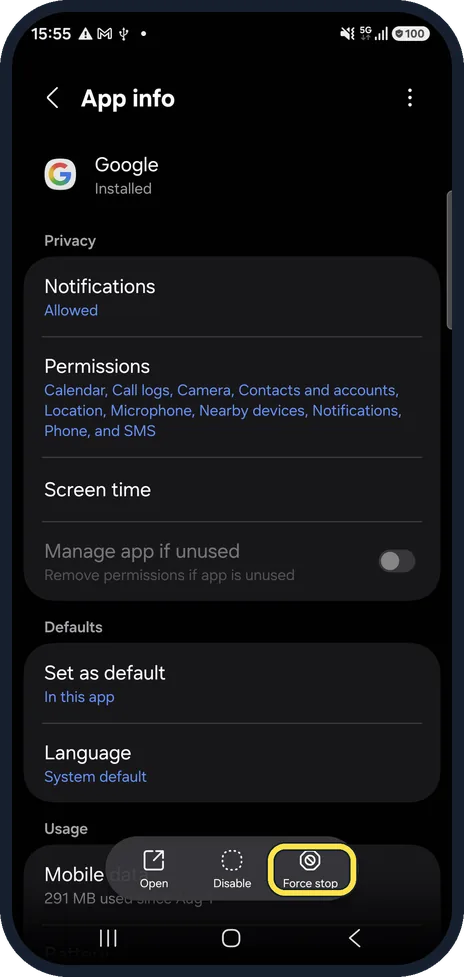 Android screenshot: Tap Force stop