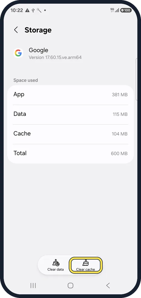 Android screenshot: Clear the cache