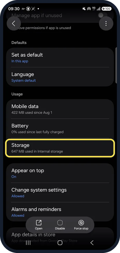 Android screenshot: Scroll down to Storage