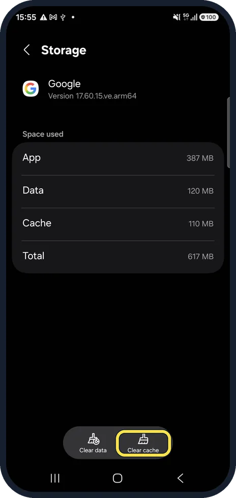 Android screenshot: Clear the cache