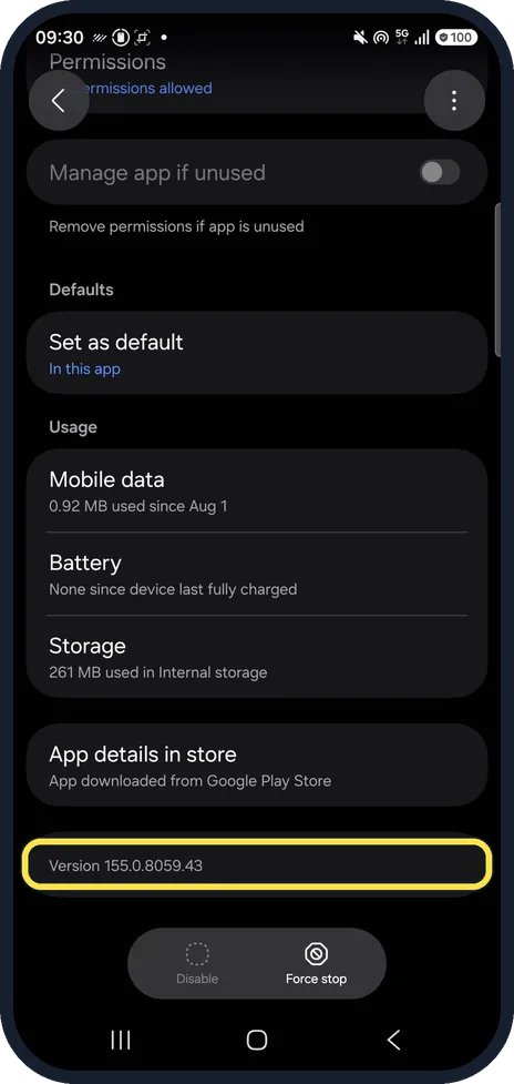 Android screenshot: Check the WebView version