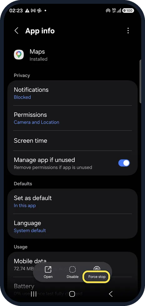 Android screenshot: Force stop Maps