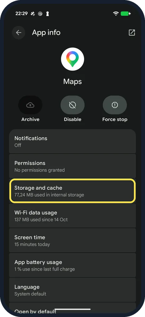 Android screenshot: Clear the cache