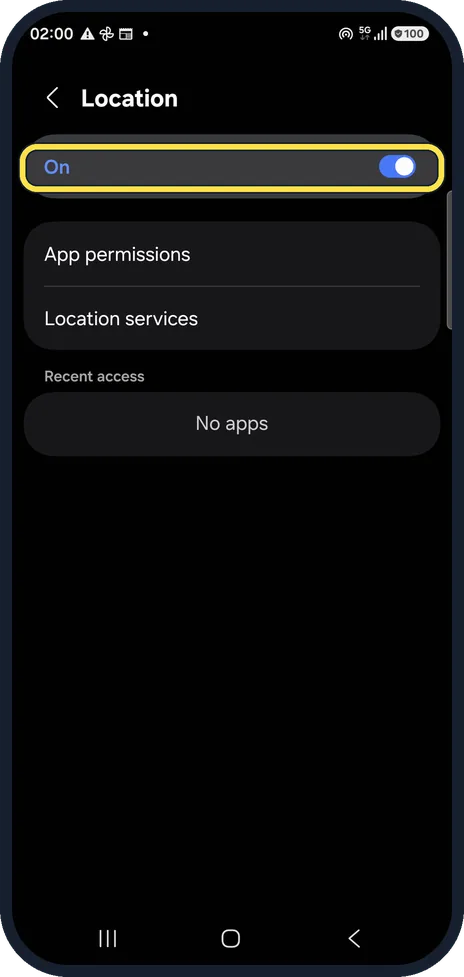 Android screenshot: Check that Location is on
