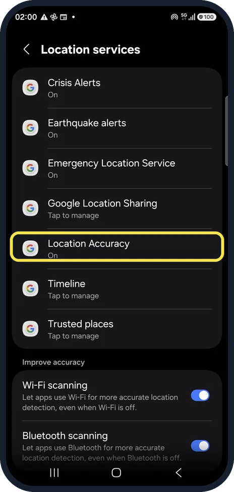 Android screenshot: Open Location Accuracy
