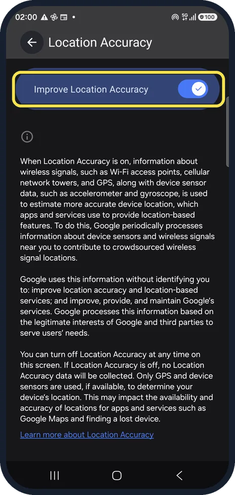 Android screenshot: Switch on Improve Location Accuracy