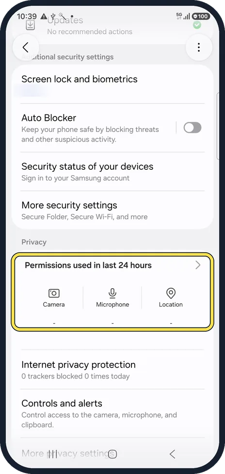 Android screenshot: Open Security and privacy