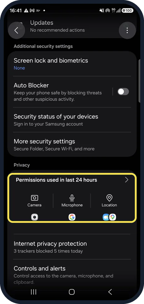 Android screenshot: Open Security and privacy