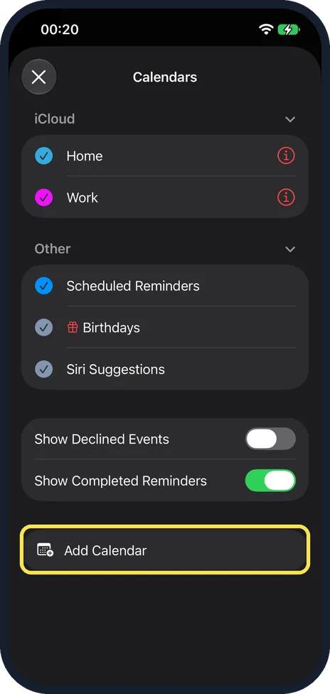 iPhone screen: Tap Add Calendar