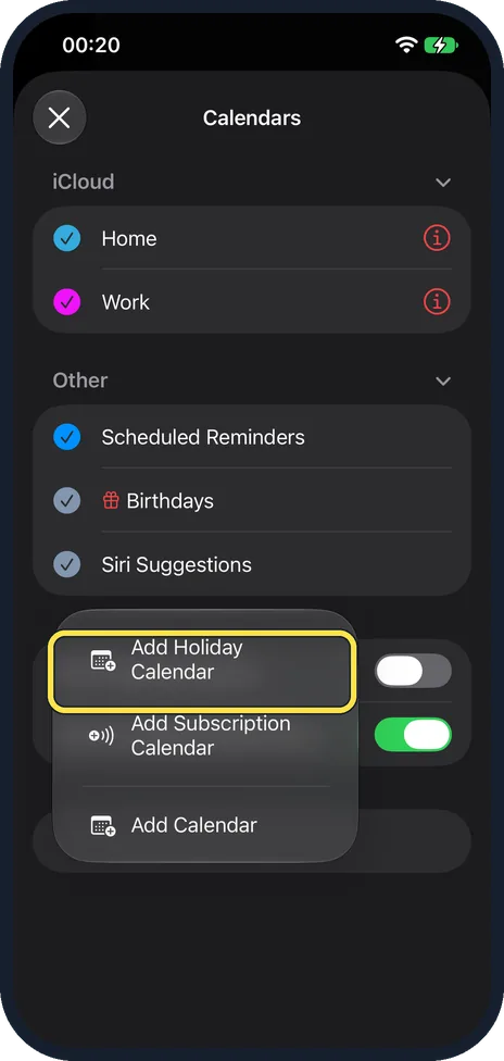 iPhone screen: Tap Add Holiday Calendar