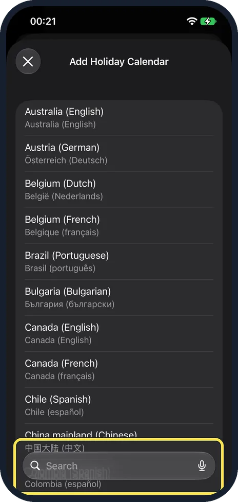 iPhone screen: Pick a country