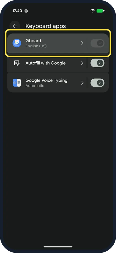 Android screenshot: Open Gboard settings