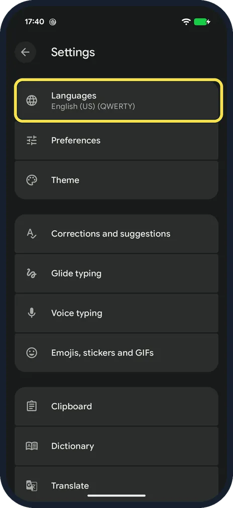 Android screenshot: Tap Languages