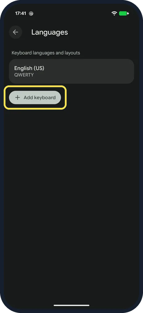 Android screenshot: Tap Add keyboard