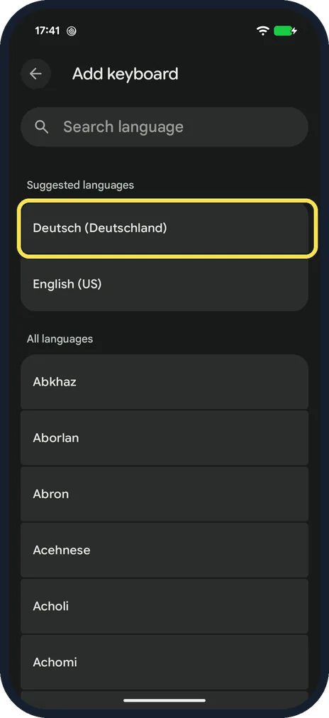 Android screenshot: Pick the language