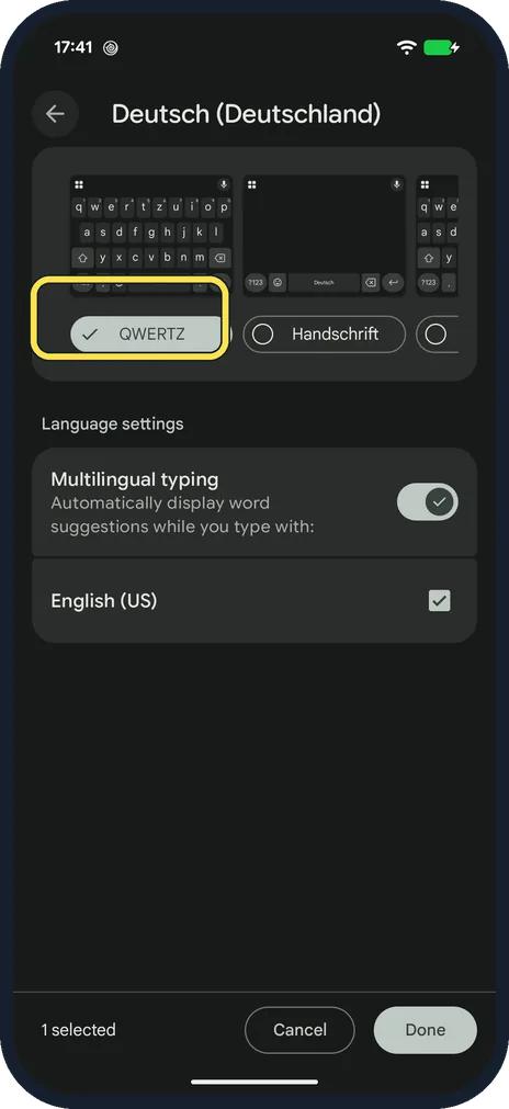 Android screenshot: Choose a layout