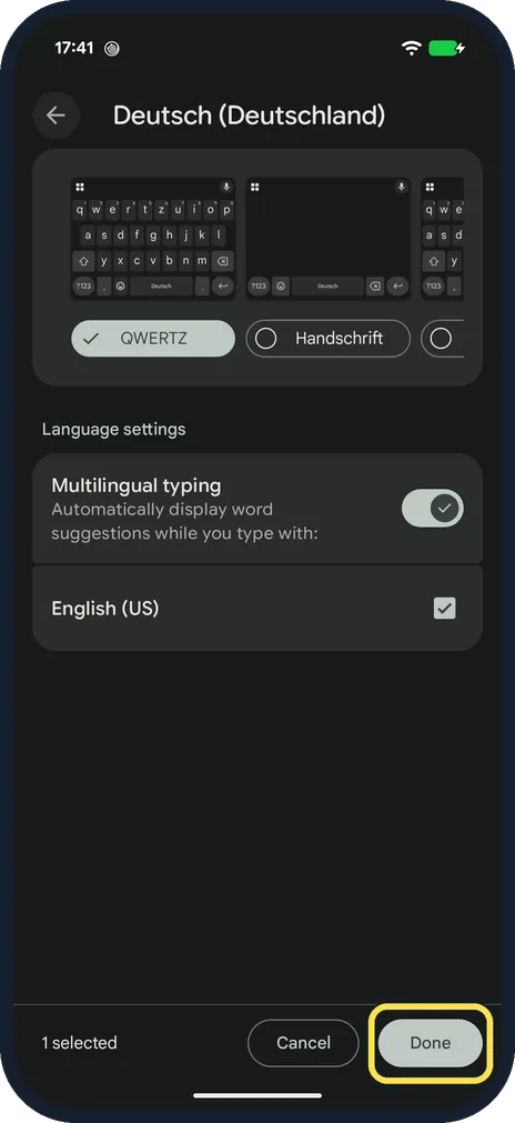 Android screenshot: Tap Done