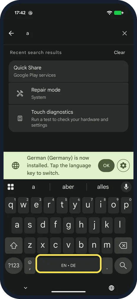 Android screenshot: Switch language on the keyboard